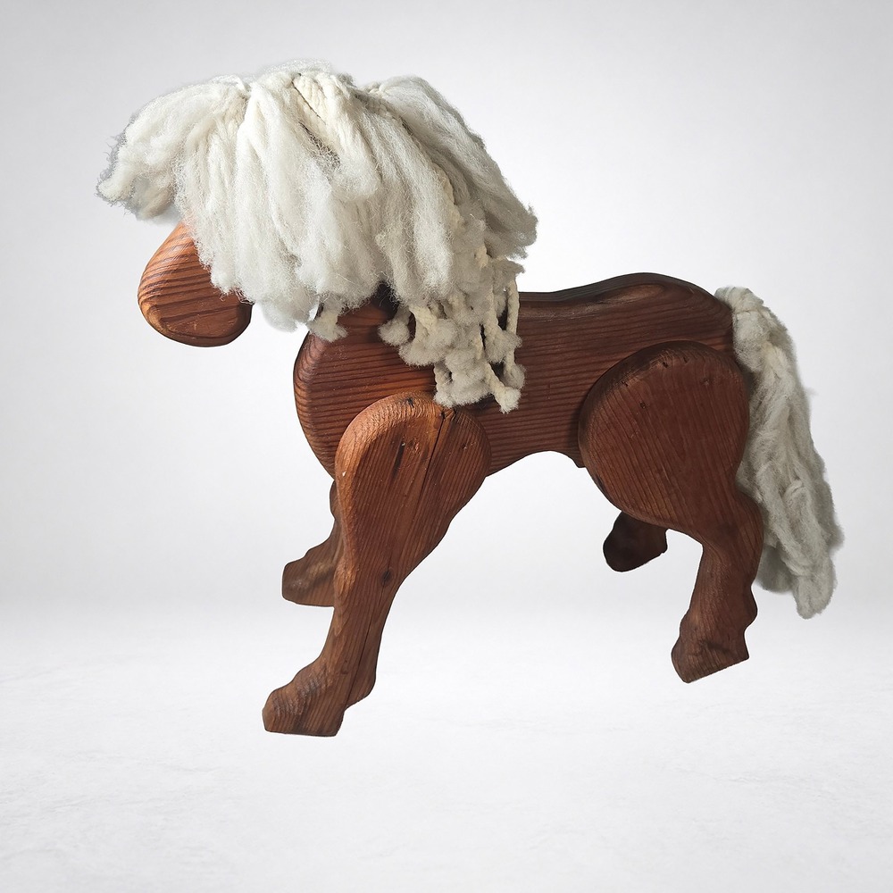 Handmade Wooden Pony Horse Yellow Pine Folk Art Yarn Mane 19 in Primitive Decor